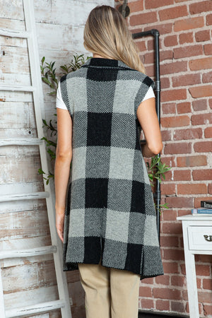 Black and tan checkered knit duster vest with a collar and sleeveless design.