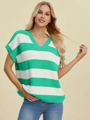 Bold Stripe Cap-Sleeve Knit Top in Turquoise and White with V-neck