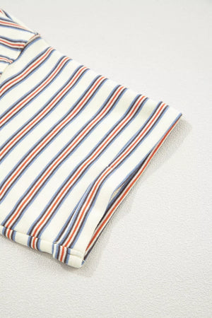 Striped cotton mini dress with pockets, featuring a cream base with red, blue, and brown vertical stripes.