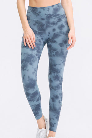 Cloud-Wash High-Waist Performance Leggings in Dusty Blue with tie-dye pattern.