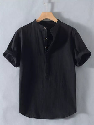 Black cotton short sleeve shirt with band collar and button detail