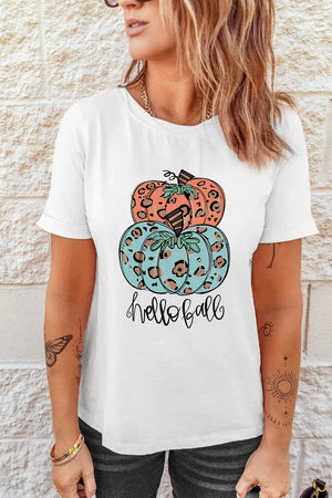 White t-shirt with stacked leopard print pumpkins and "hello fall" graphic.