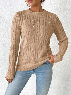 Camel cable knit sweater with pearl embellishments and crew neck.