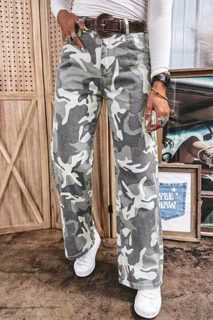 Camo Pattern Cotton Denim Shift Jeans in Sage, close-up detail