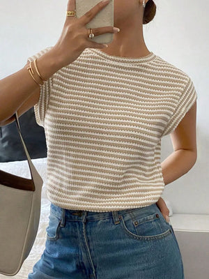 Full Size Striped Round Neck Short Sleeve T-shirt, model styling view