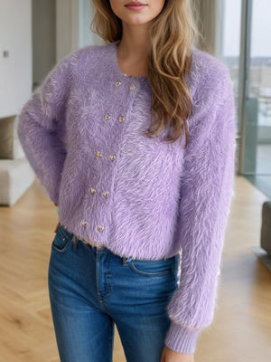 Fluffy lavender double-breasted knit cardigan with heart buttons