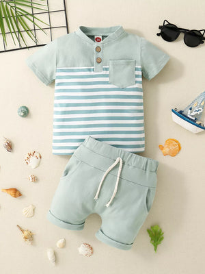 Baby green striped polo shirt and shorts set with drawstring waist