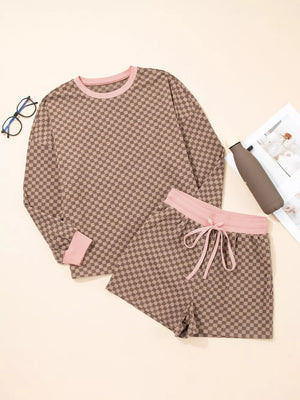 Camel checkerboard loungewear set with pink trim and drawstring shorts.