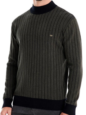 Ribbed stripe mock neck pullover in army green with navy accents and a small logo detail.