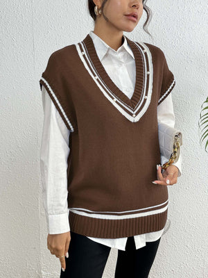 Brown acrylic knit vest with varsity stripes and pearl trim, V-neck, sleeveless.
