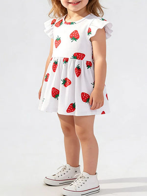 Strawberry print cotton dress with ruffle sleeves and gathered waist for baby girls.
