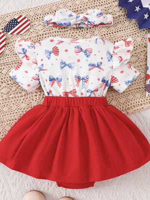 Baby patriotic ruffle sleeve one-piece set with red skirt and bow print.