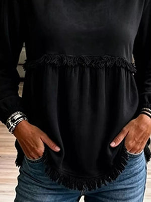 Velvet Fringe Long Sleeve Blouse in Black, fabric detail
