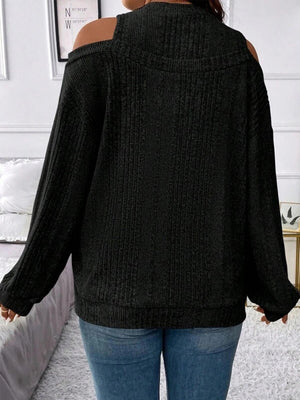 Black ribbed mock neck cold shoulder long sleeve knit top