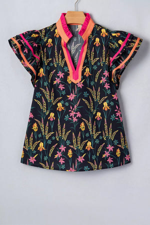 Vibrant floral print cotton blouse with contrast trim neckline and flutter sleeves.