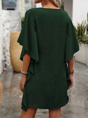 Army green mini dress with ruffled sleeves and V-neck, casual style.