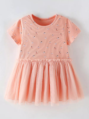Peach dancer print cotton dress with tulle skirt and crew neck.