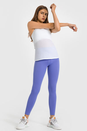 Sculpted high-waist performance leggings in periwinkle, ankle-length.