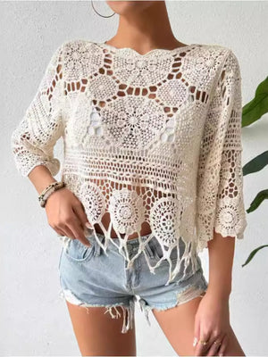 Crochet medallion fringe top in Dust Storm with 3/4 sleeves and a boho neckline.
