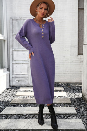 Textured knit henley midi dress in purple with button detail and long sleeves.