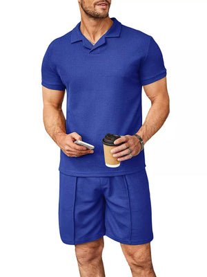 Men's Casual Short Sleeve Polo And Shorts Set in Royal Blue, model styling view