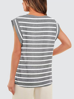 Tank top with padded shoulders and white horizontal stripes on grey fabric.
