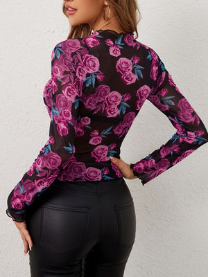 Floral mesh second-skin top with long sleeves and lettuce trim detail.