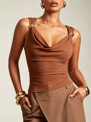 Apricot cowl neck tank top with draped fabric and gold ring details on straps.