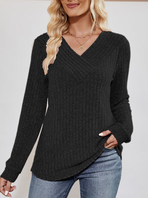 Black textured ribbed V-neck pullover sweater with long sleeves.