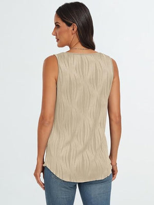 Textured wave tank top in tan with a subtle wave pattern and scoop neckline.
