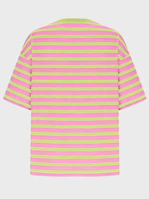 Oversized striped tee in Sherbet pink and lime green with dropped sleeves.