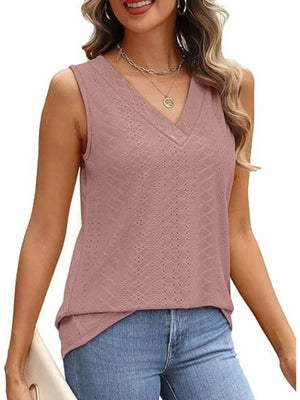 Dusty pink eyelet V-neck sleeveless tank top with a textured pattern.