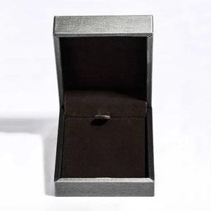 Open gray jewelry box with dark brown velvet lining