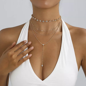 Multi-layered Rhinestone 18k Gold-plated Choker Necklace in Gold, side view