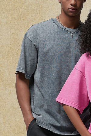Dark gray washed half-sleeve tee with raw hem details and a round neckline.