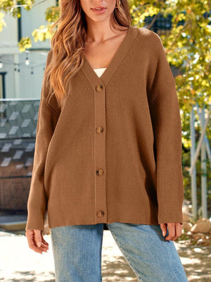 Oversized ribbed knit button-down cardigan in Coffee Brown with V-neck and button closure.