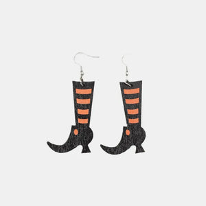 Black witch boot silhouette drop earrings with orange stripes and a pointed toe.