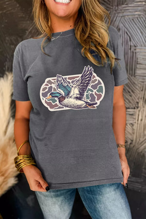 Gray polyester t-shirt with a flying mallard duck graphic and camouflage pattern.