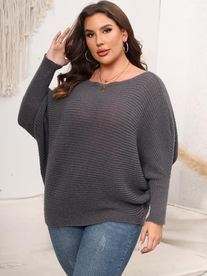 Charcoal ribbed knit off-shoulder sweater with batwing sleeves and a boat neckline.