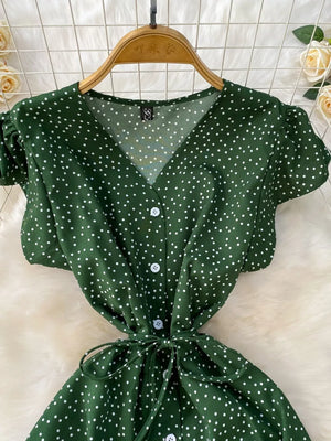 Green polka dot maxi dress with button front and tie belt