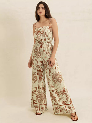 Tropical tie strap wide-leg romper in cream with brown print, square neck, cinched waist