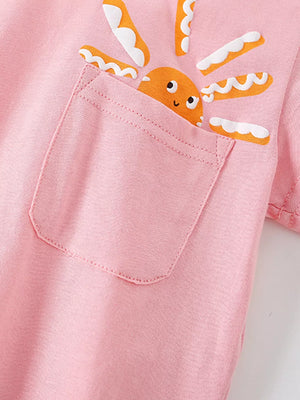 Pink cotton toddler top with a smiling sun graphic peeking from a chest pocket.