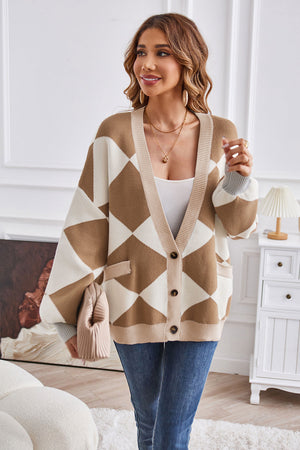 Diamond knit cardigan in camel and cream with balloon sleeves and front pockets.