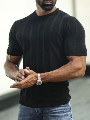 Black ribbed knit t-shirt with vertical stripe texture and crew neck