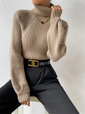 Mocha ribbed turtleneck knit sweater with puff sleeves and a high neck.