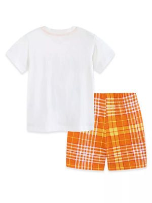 Toddler white cotton t-shirt with pink neckline and orange plaid shorts.