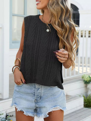Black chevron knit sleeveless sweater vest with a crew neck.
