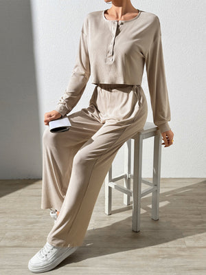 Tan ribbed henley lounge set with button detail and wide leg pants.