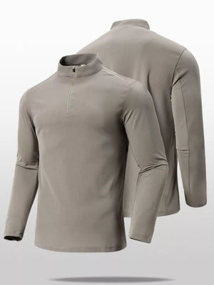 Men's mocha quarter-zip long sleeve active t-shirt with a mock neck.