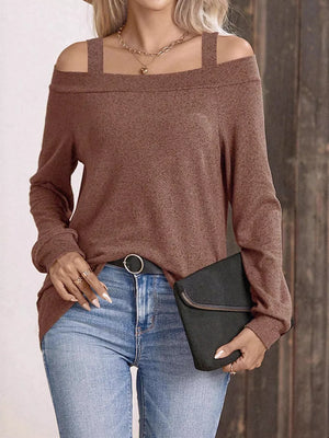 Cold Shoulder Long Sleeve T-shirt in Brown, side view